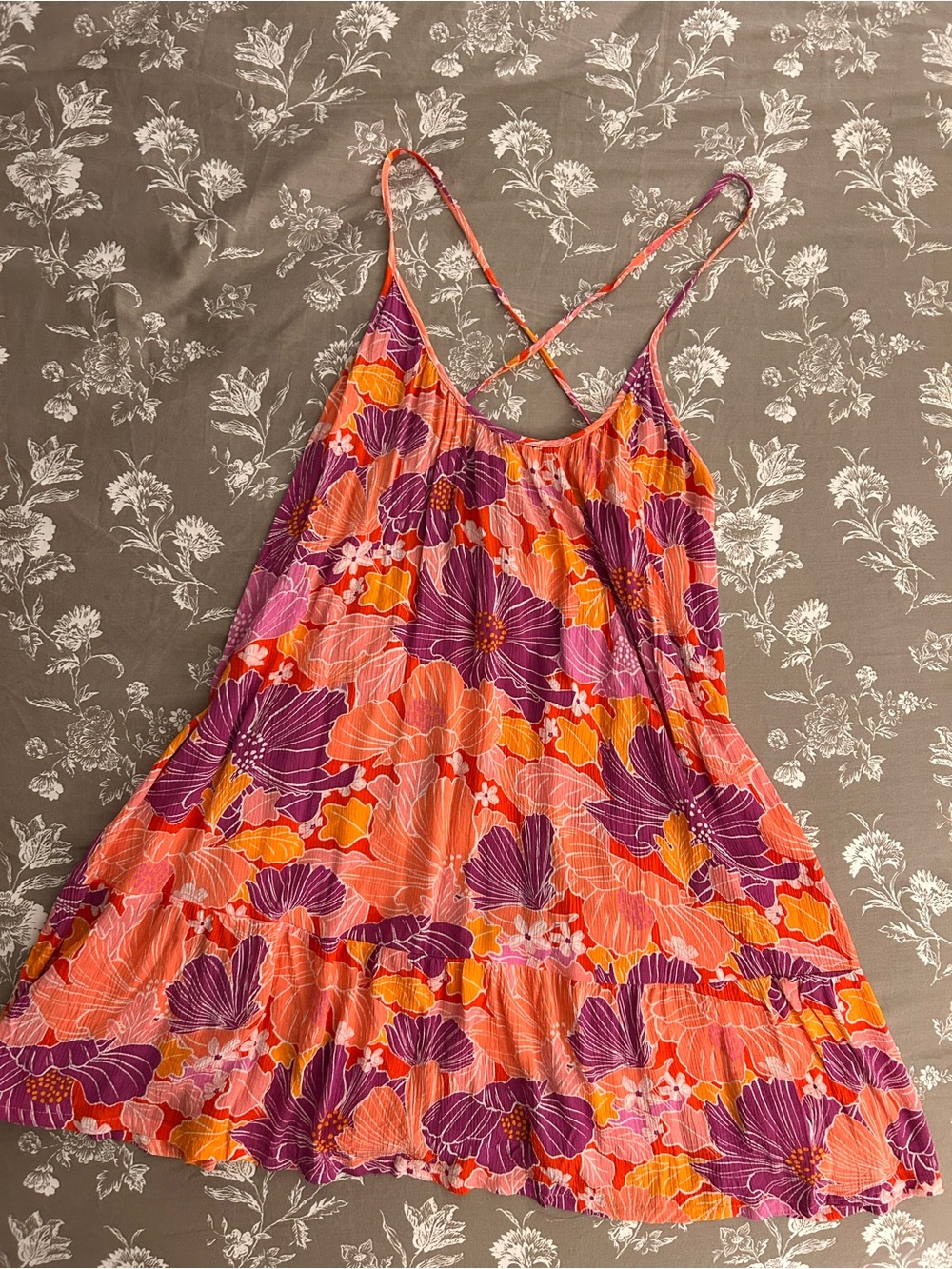 Floral Spaghetti-Strap Slip Dress in Orange & Purple